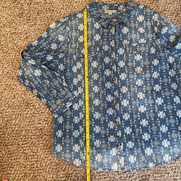Size XL Tarzana long sleeved distressed denim Aztec western button down shirt - Picture 3 of 12